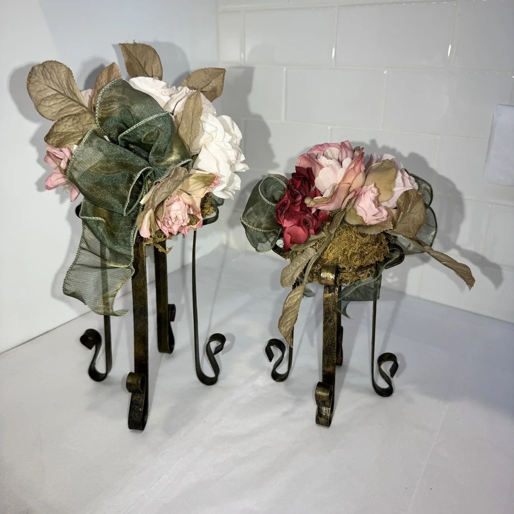 Artificial Pink/Dusty Rose/moss Flower FAUX Bouquet w Iron Legs Green Ribbon‎